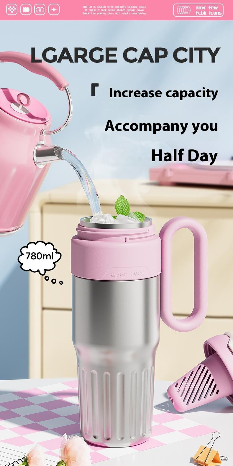 780ml Gradient Double Drink Thermal Cup Stainless Steel With Lid Coffee Cup Thermos Large Capacity Straw Cup For Male And Female